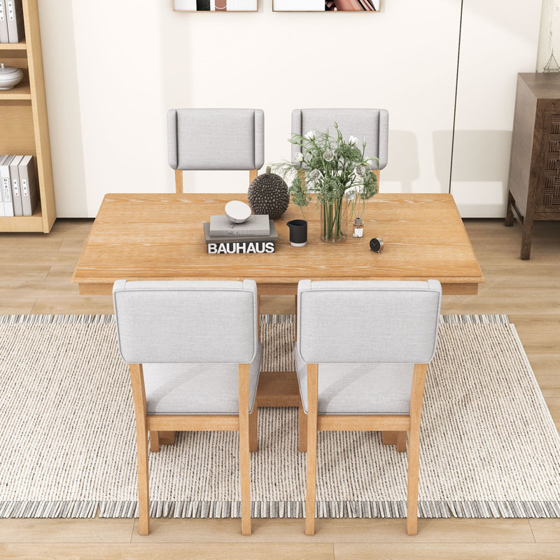 5pcs Dining Set Wood Table with Trestle Base and 4 Linen Upholstered Chairs Lark Manor Color Natural